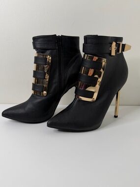 Privileged Gold Metal Plate Stiletto Booties Black Vegan Leather size 10